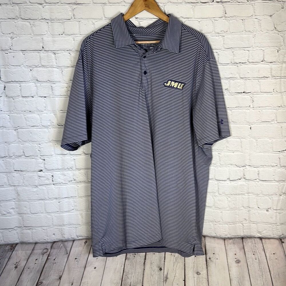 Under Armour Mens JMU College Football Polo Purple Striped   Shirt size 2XL‎